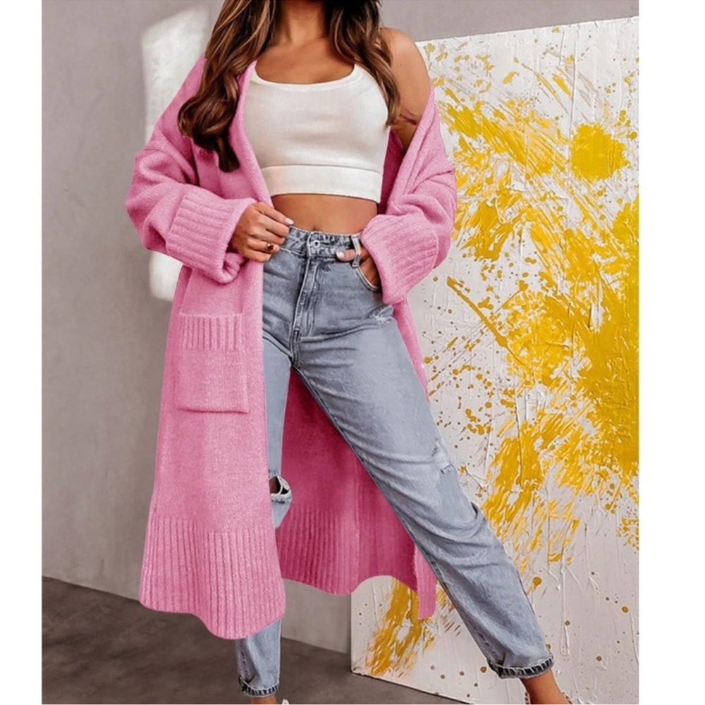 Solid Pink Cuff Sleeve Open Front Loose Fit Cardigan S M L XL